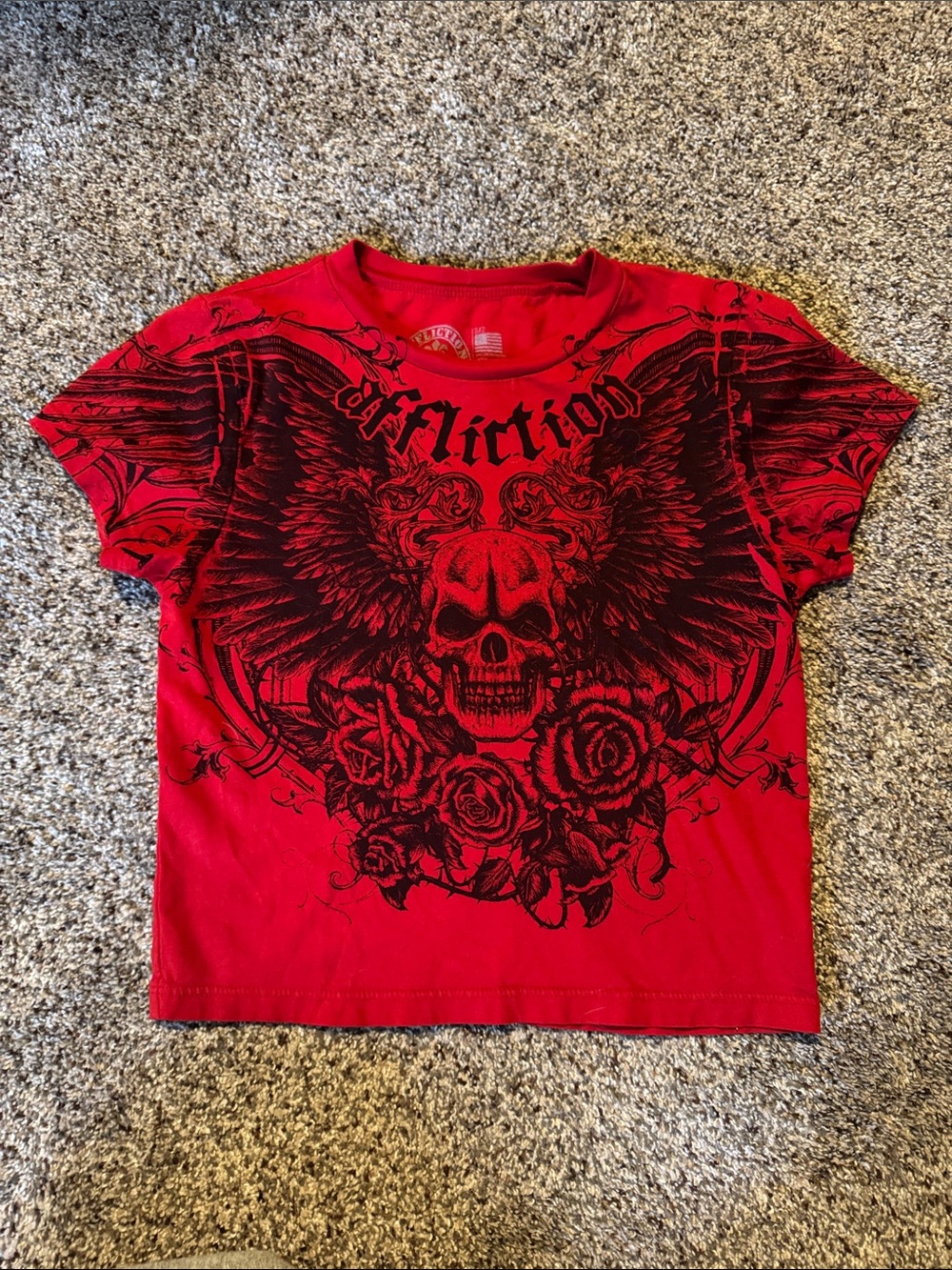 Affliction Red Tee with Black Skull & Wing Graphic